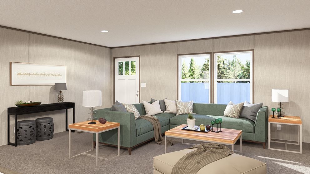 The LEGEND 28X56 3 BR Living Room. This Manufactured Mobile Home features 3 bedrooms and 2 baths.