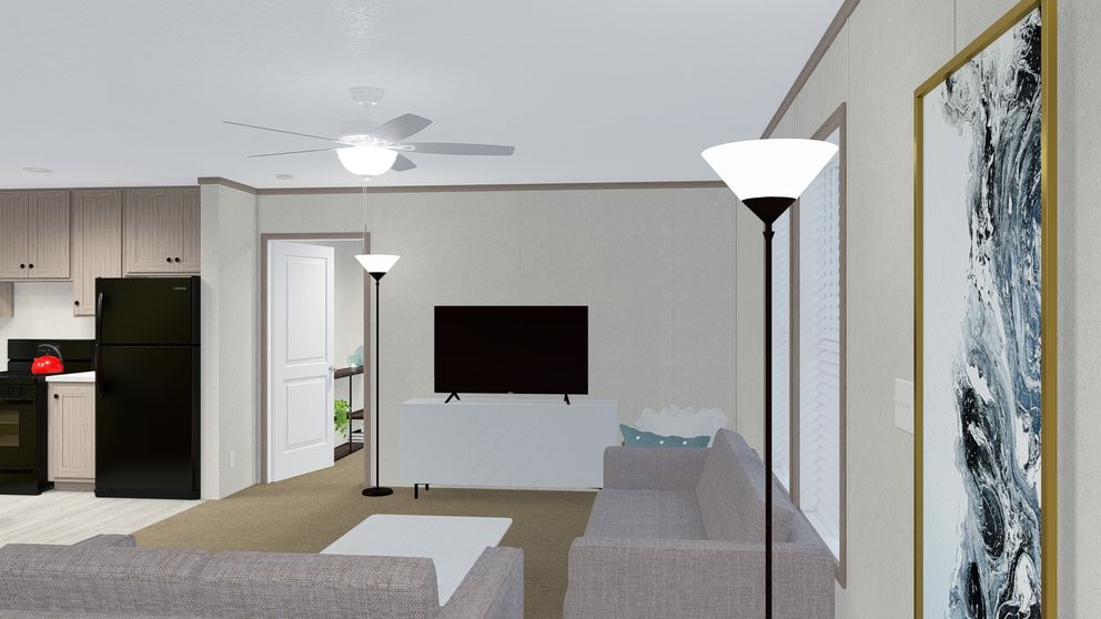The 6028-E788 THE PULSE Living Room. This Manufactured Mobile Home features 4 bedrooms and 2 baths.