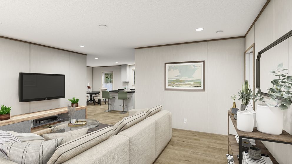 The HAVEN Living Room. This Manufactured Mobile Home features 3 bedrooms and 2 baths.