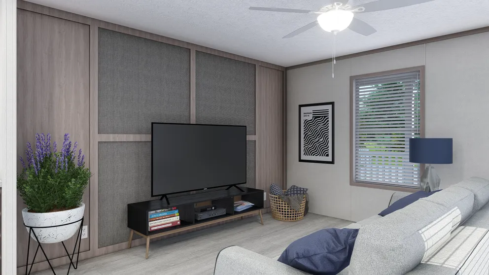 The 6616-4772P THE PULSE Living Room. This Manufactured Mobile Home features 2 bedrooms and 2 baths.