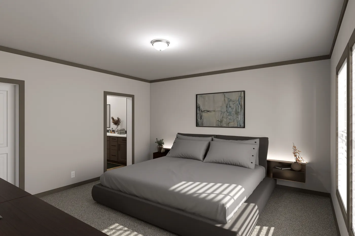 The EASY LIVIN' Primary Bedroom. This Manufactured Mobile Home features 3 bedrooms and 2 baths.