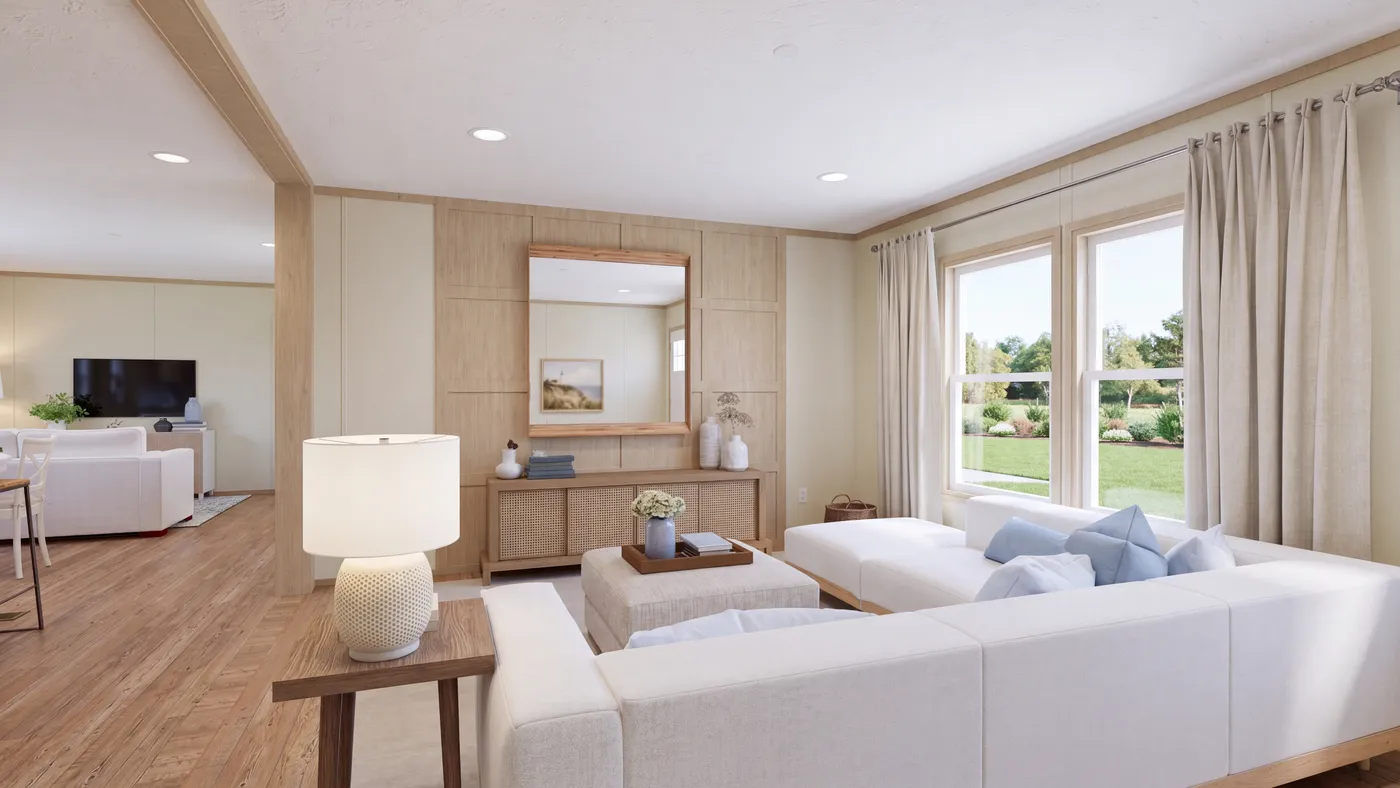 The BOONE Living Room. This Manufactured Mobile Home features 4 bedrooms and 2 baths.