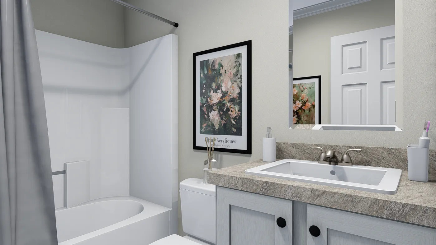 The 5404 "FONTANA" 7616 Guest Bathroom. This Manufactured Mobile Home features 3 bedrooms and 2 baths.