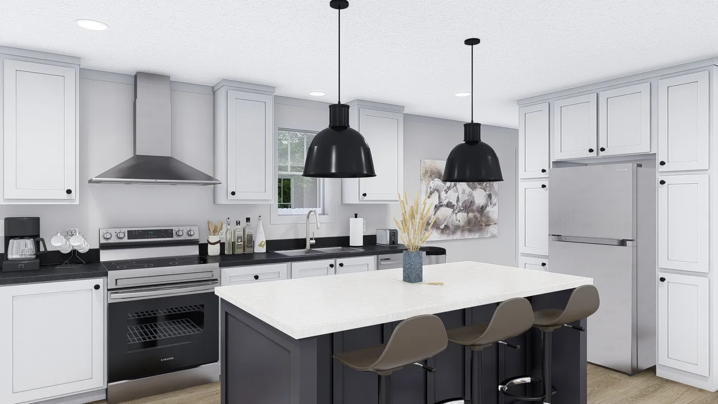 The JOHNNY B GOODE Kitchen. This Manufactured Mobile Home features 3 bedrooms and 2 baths.