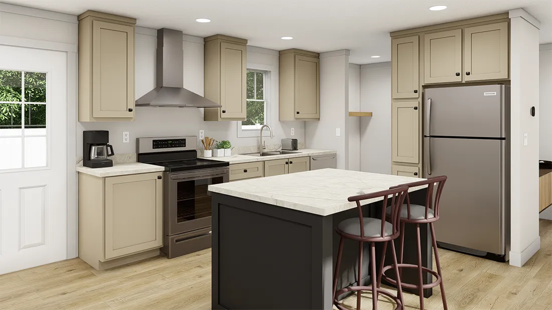 The RHYTHM NATION 6616 TEMPO Kitchen. This Manufactured Mobile Home features 3 bedrooms and 2 baths.