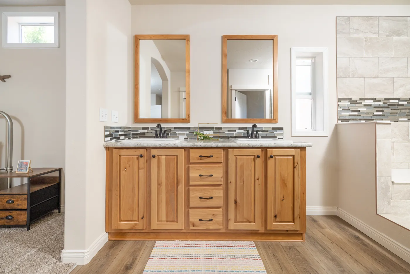 The TH601F                 CLAYTON Primary Bathroom. This Manufactured Mobile Home features 3 bedrooms and 2 baths.
