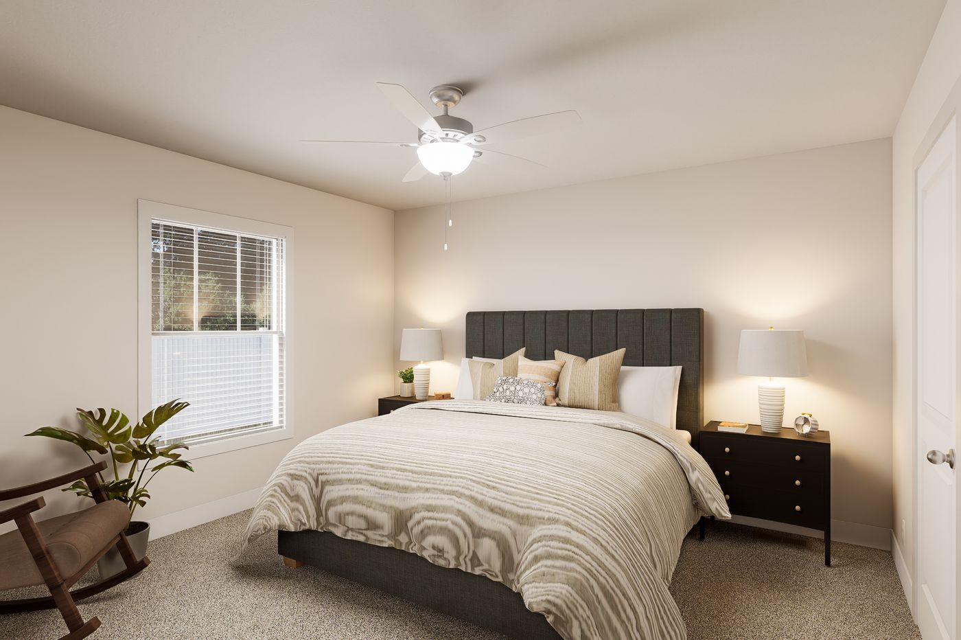 The 5628-MS068 CARMEL Primary Bedroom. This Manufactured Mobile Home features 3 bedrooms and 2 baths.