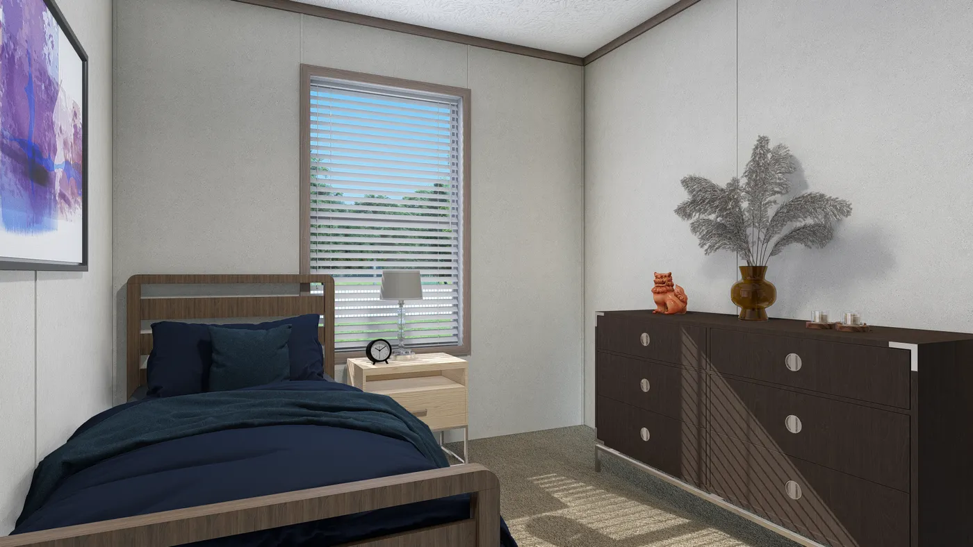 The 4824-E734 THE PULSE Guest Bedroom. This Manufactured Mobile Home features 3 bedrooms and 2 baths.
