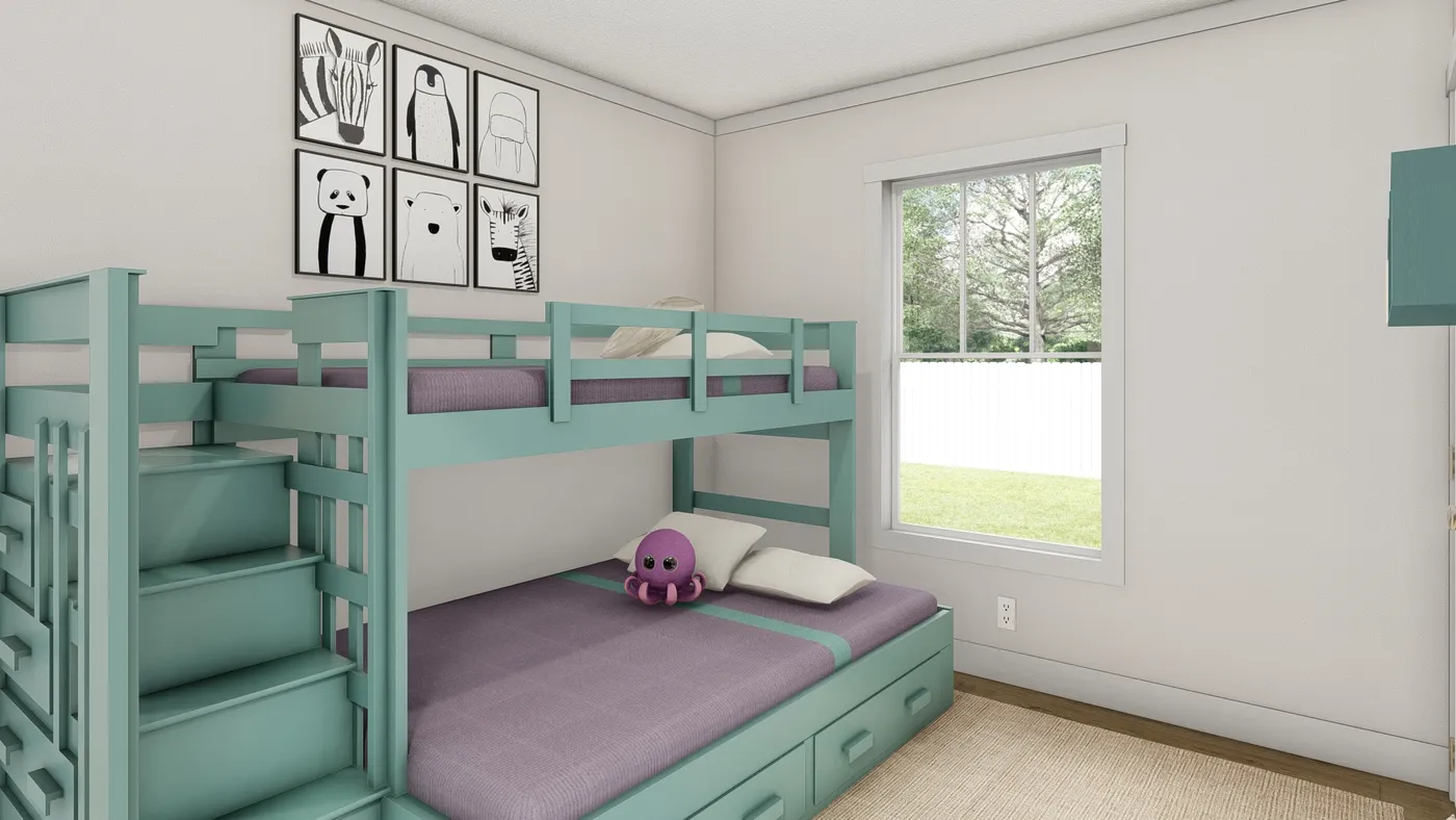 The MOVE ON UP Guest Bedroom. This Manufactured Mobile Home features 3 bedrooms and 2 baths.