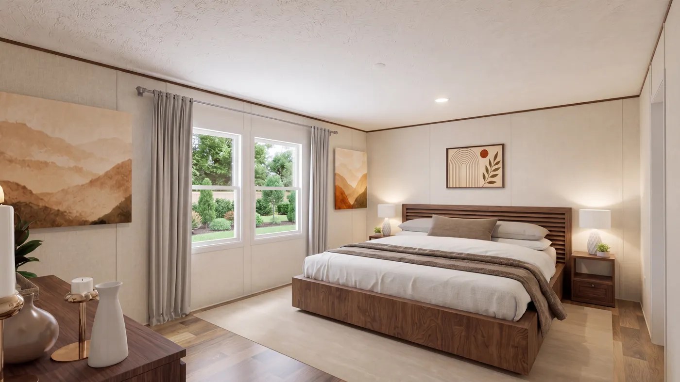 The SPRUCE Primary Bedroom. This Manufactured Mobile Home features 3 bedrooms and 2 baths.