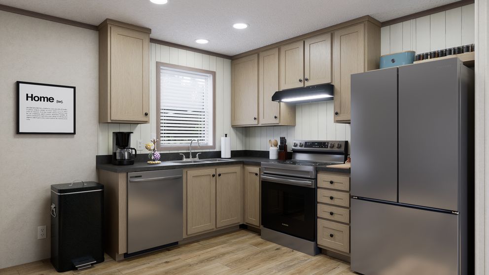 The 5216-CC05 OASIS 52 Kitchen. This Manufactured Mobile Home features 2 bedrooms and 1 bath.