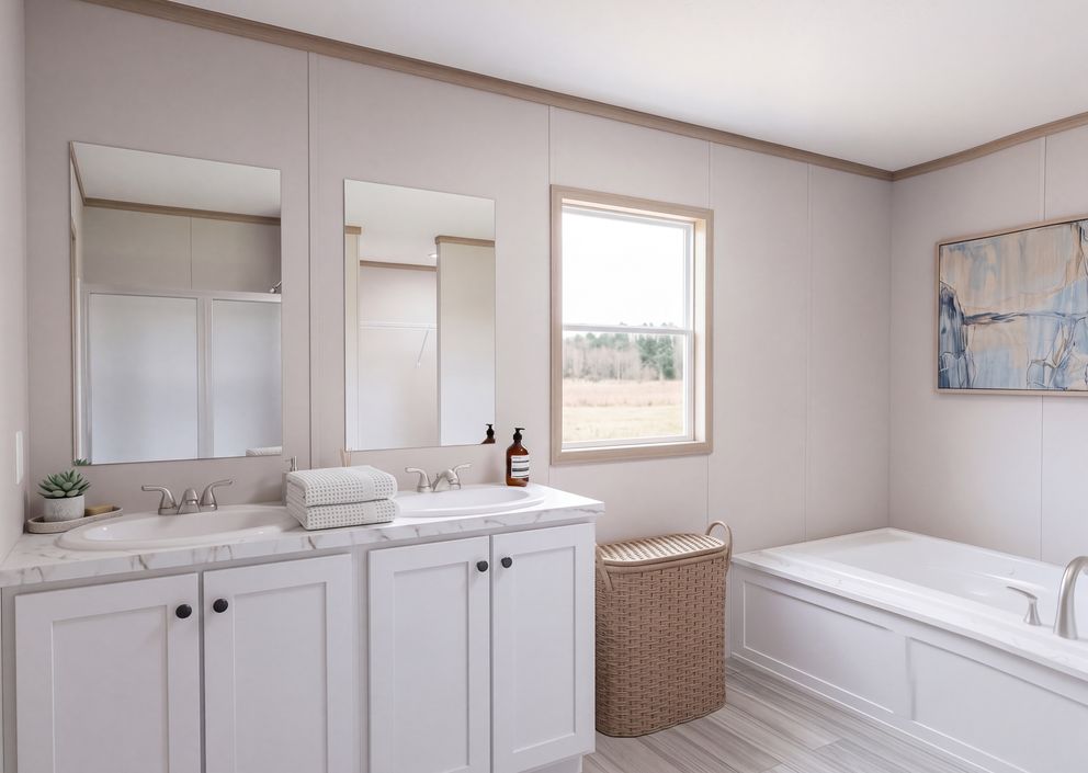 The THE MOUNTAINEER 76 Primary Bathroom. This Manufactured Mobile Home features 4 bedrooms and 2 baths.