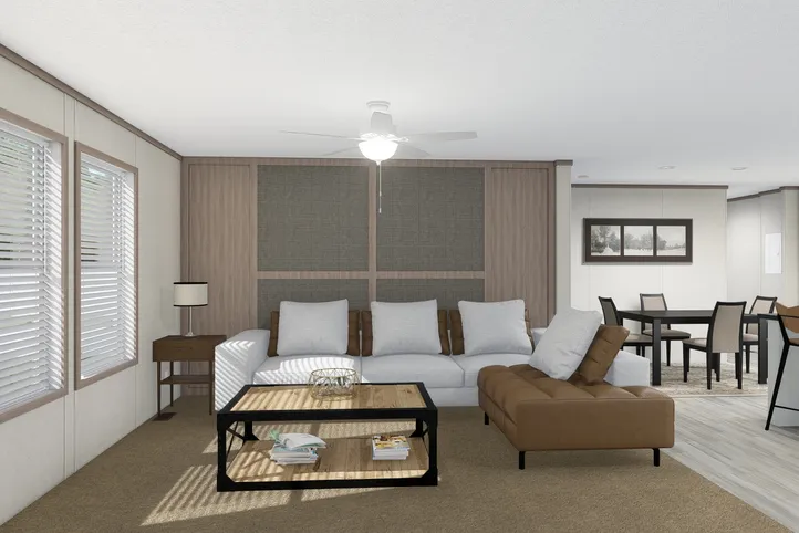 The 4828-E746 THE PULSE Living Room. This Manufactured Mobile Home features 3 bedrooms and 2 baths.