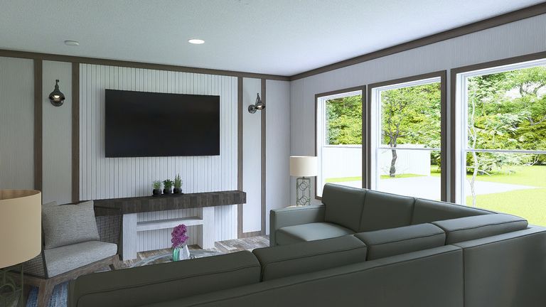 The ULTRA ISLAND BREEZE 56' Living Room. This Manufactured Mobile Home features 3 bedrooms and 2 baths.