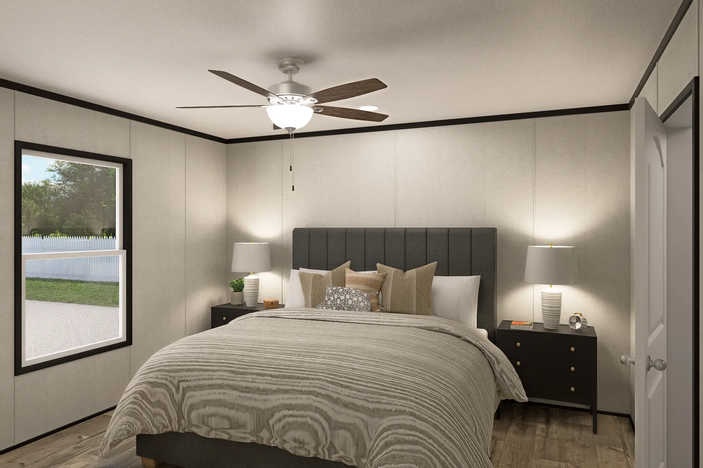 The THE MOUNTAINEER 48 Primary Bedroom. This Manufactured Mobile Home features 3 bedrooms and 2 baths.