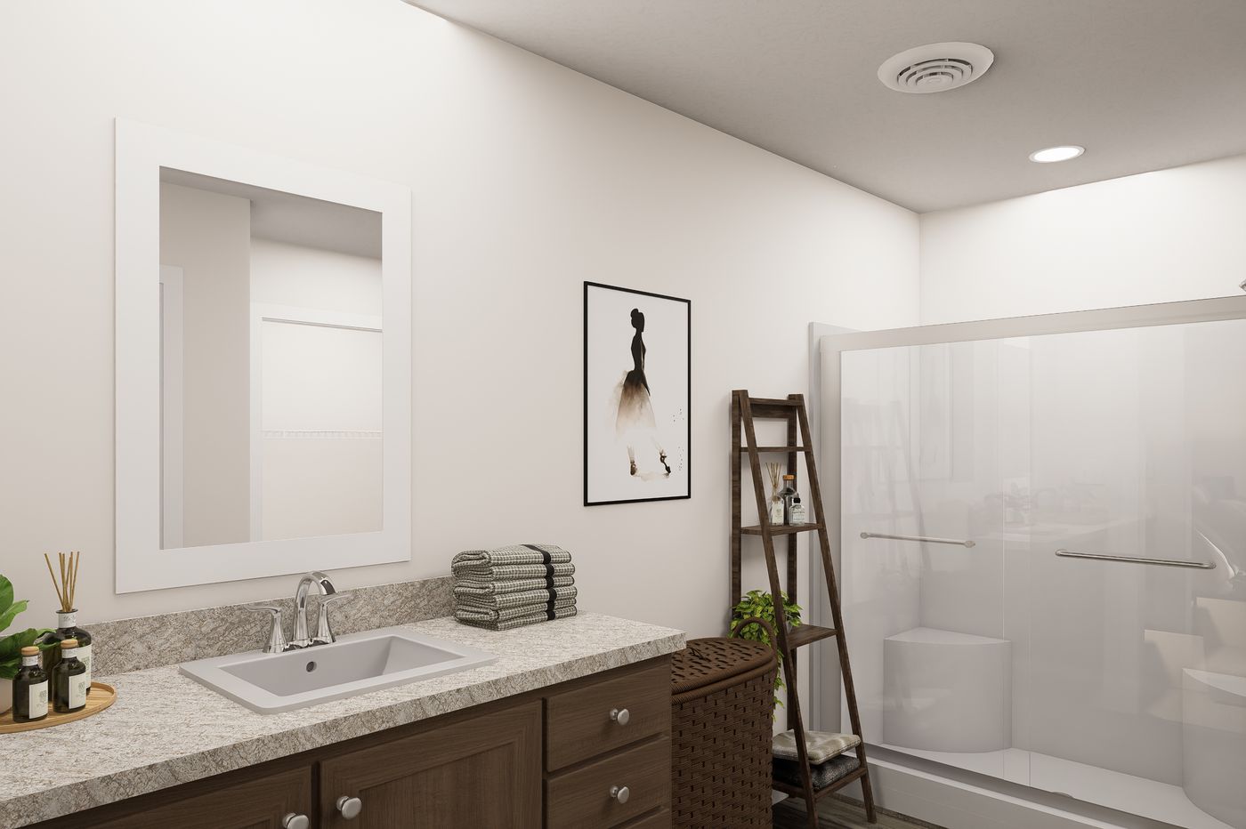 The 6028-MS067-3 HUNTINGTON Primary Bathroom. This Manufactured Mobile Home features 4 bedrooms and 2 baths.