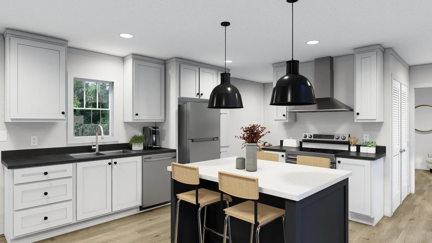 The BORN TO RUN Kitchen. This Manufactured Mobile Home features 2 bedrooms and 2 baths.