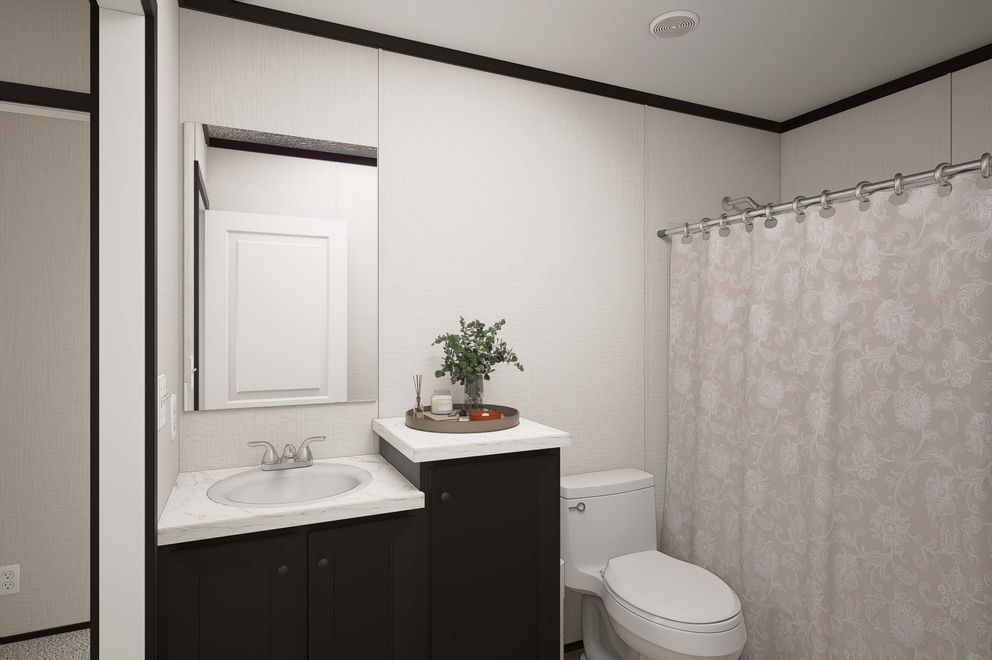 The PLATINUM ANNIVERSARY Guest Bathroom. This Manufactured Mobile Home features 3 bedrooms and 2 baths.