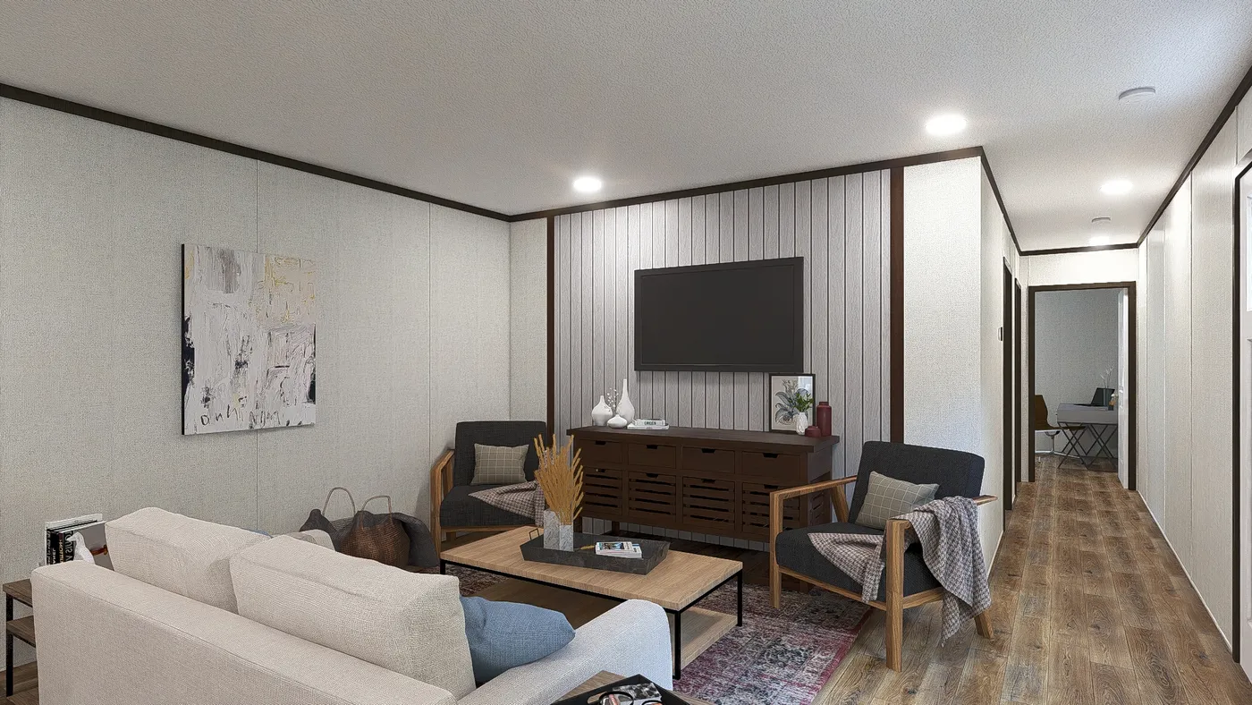 The ESSENCE Living Room. This Manufactured Mobile Home features 3 bedrooms and 2 baths.