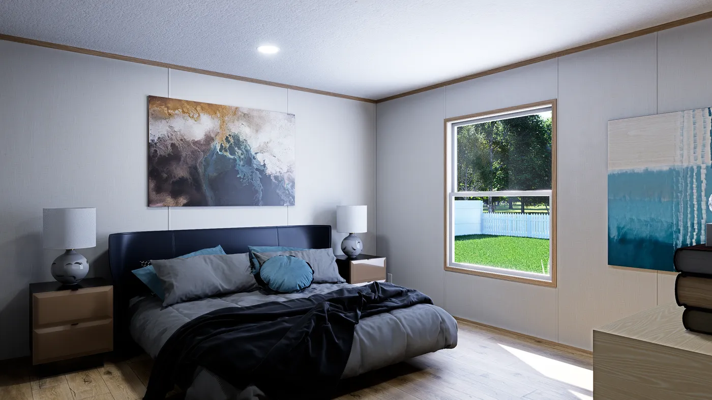 The ELEMENT Primary Bedroom. This Manufactured Mobile Home features 3 bedrooms and 2 baths.
