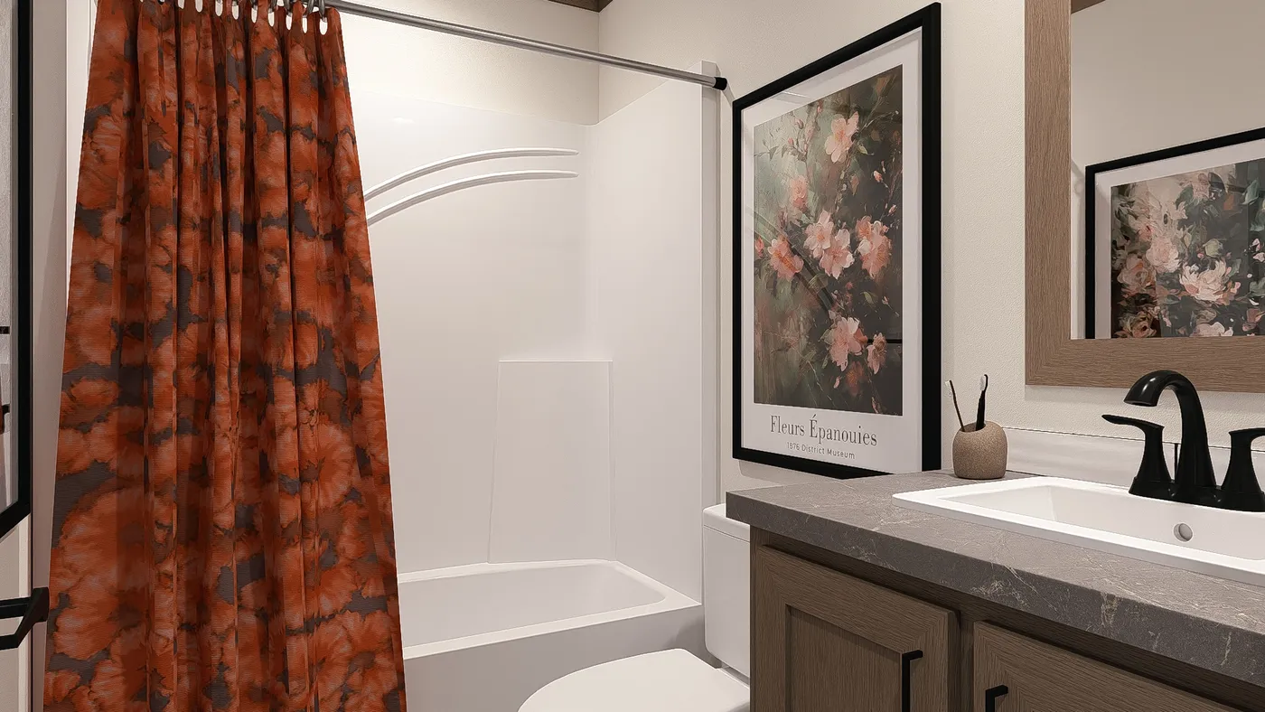 The LEVI Guest Bathroom. This Manufactured Mobile Home features 2 bedrooms and 2 baths.