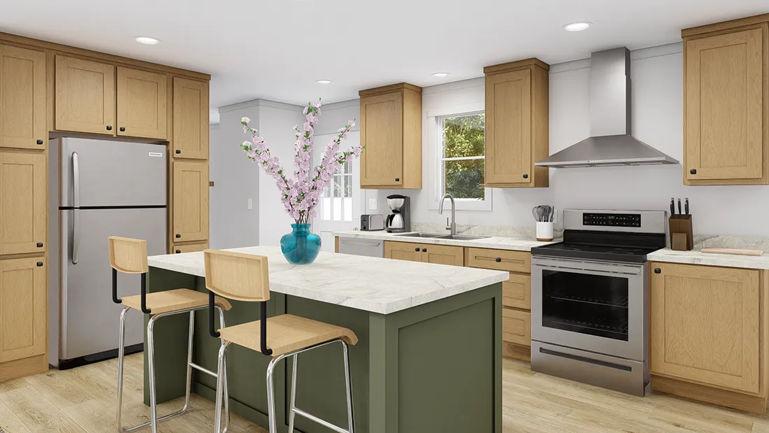 The PURPLE RAIN Kitchen. This Manufactured Mobile Home features 3 bedrooms and 2 baths.