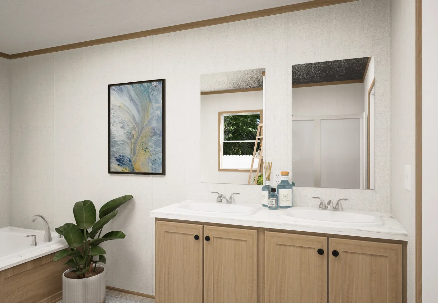 The THE MOUNTAINEER 68 Primary Bathroom. This Manufactured Mobile Home features 4 bedrooms and 2 baths.