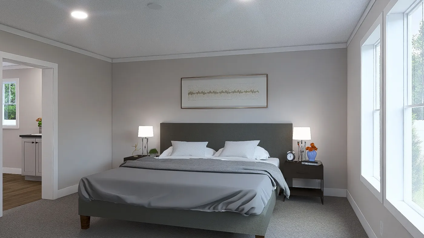 The LIMELIGHT Primary Bedroom. This Manufactured Mobile Home features 3 bedrooms and 2 baths.