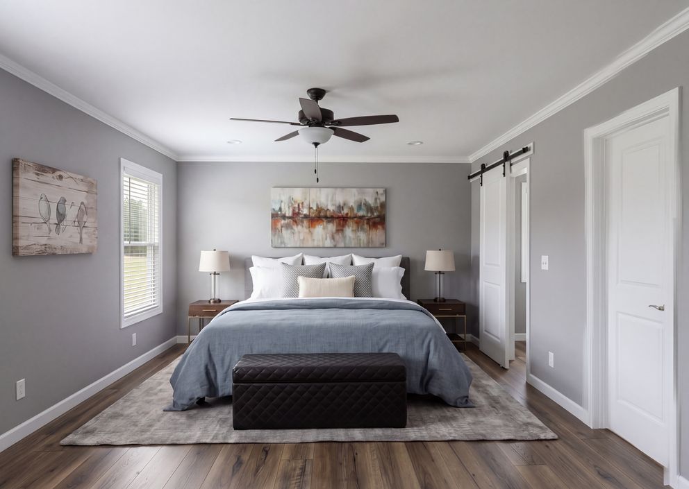 The THE ROOSEVELT Primary Bedroom. This Manufactured Mobile Home features 4 bedrooms and 3 baths.
