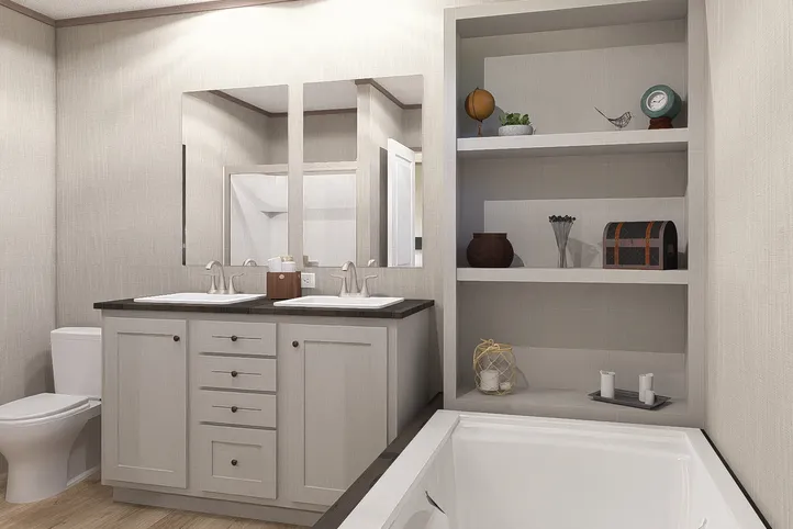 The ULTRA A-PLUS 16X76 Primary Bathroom. This Manufactured Mobile Home features 3 bedrooms and 2 baths.