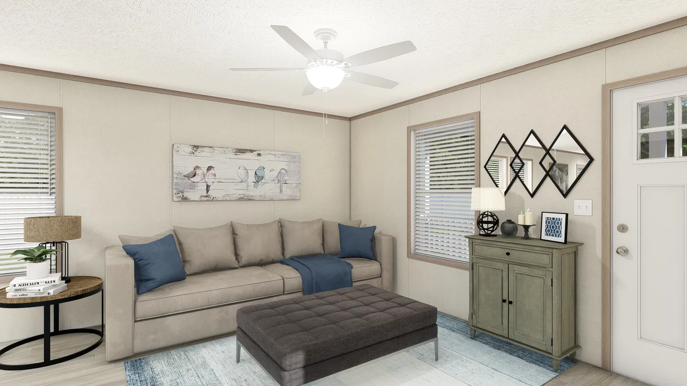 The 7616-4773P THE PULSE Living Room. This Manufactured Mobile Home features 3 bedrooms and 2 baths.