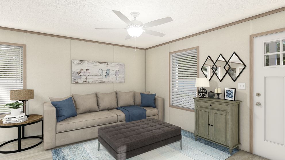 The 7616-4773P THE PULSE Living Room. This Manufactured Mobile Home features 3 bedrooms and 2 baths.