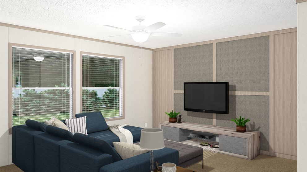 The 4428-E781 THE PULSE Living Room. This Manufactured Mobile Home features 3 bedrooms and 2 baths.