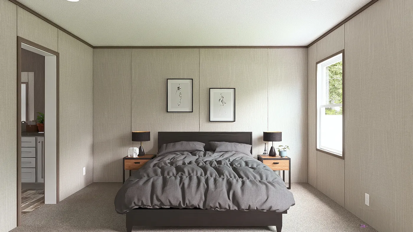 The ULTRA BREEZE 28X52 Primary Bedroom. This Manufactured Mobile Home features 3 bedrooms and 2 baths.
