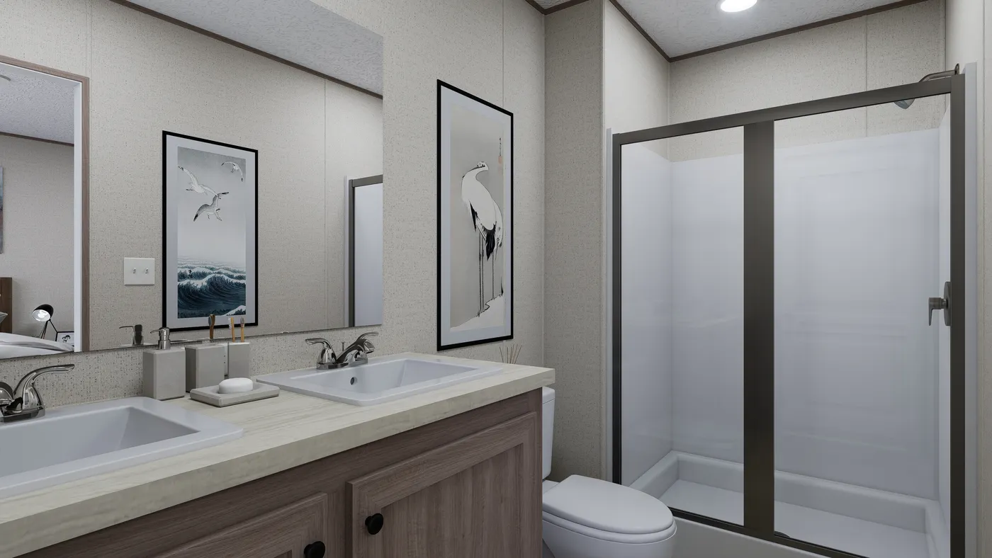The FOOTHILLS 66 Primary Bathroom. This Manufactured Mobile Home features 3 bedrooms and 2 baths.