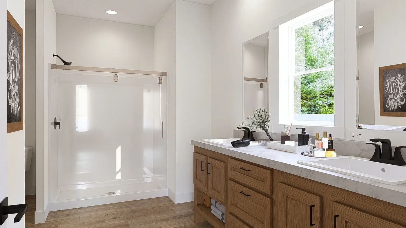 The DENALI Primary Bathroom. This Manufactured Mobile Home features 4 bedrooms and 3 baths.