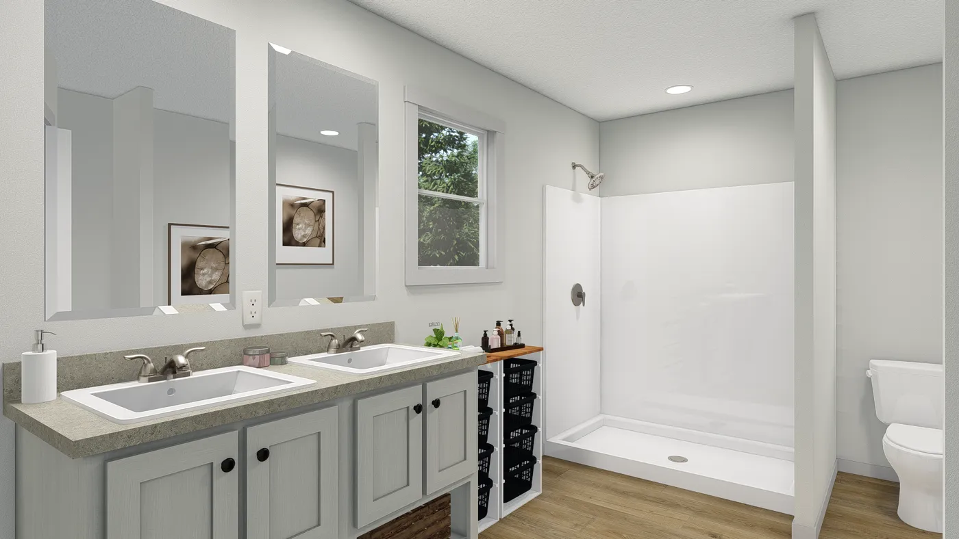 The ROCKET MAN Primary Bathroom. This Manufactured Mobile Home features 3 bedrooms and 2 baths.