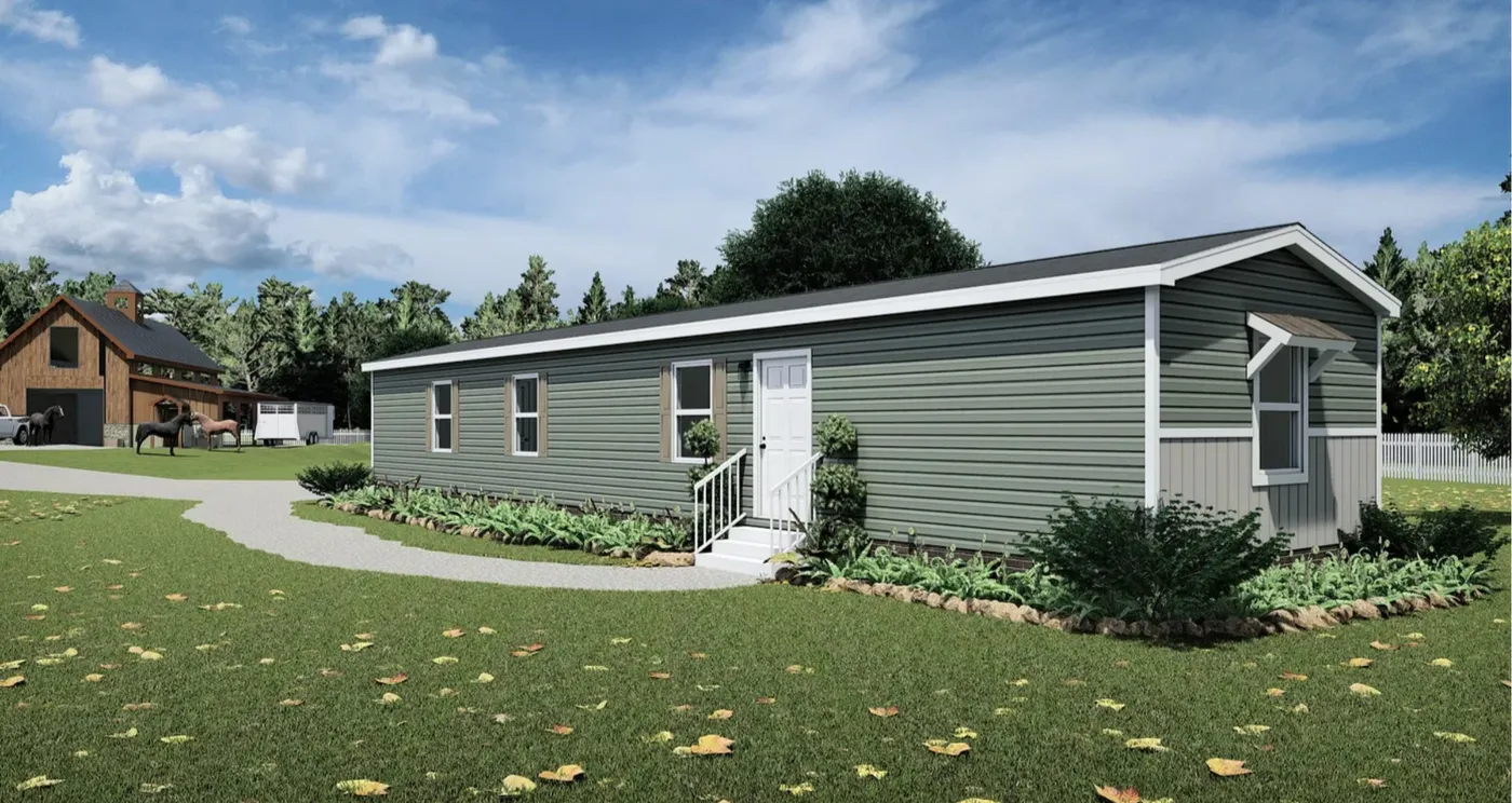 The MUSTANG Exterior. This Manufactured Mobile Home features 2 bedrooms and 2 baths.