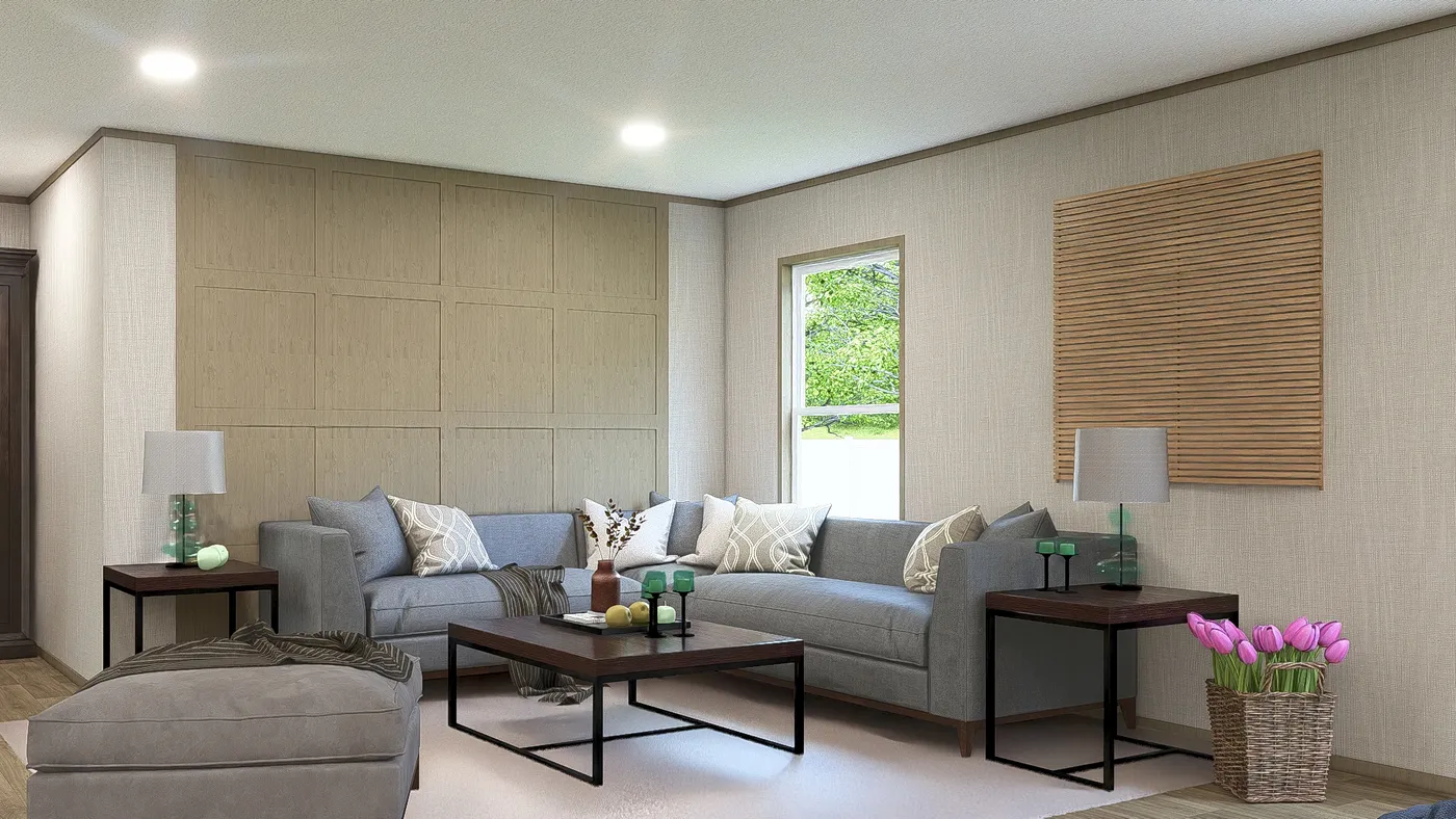 The EVEREST Family Room. This Manufactured Mobile Home features 4 bedrooms and 2 baths.
