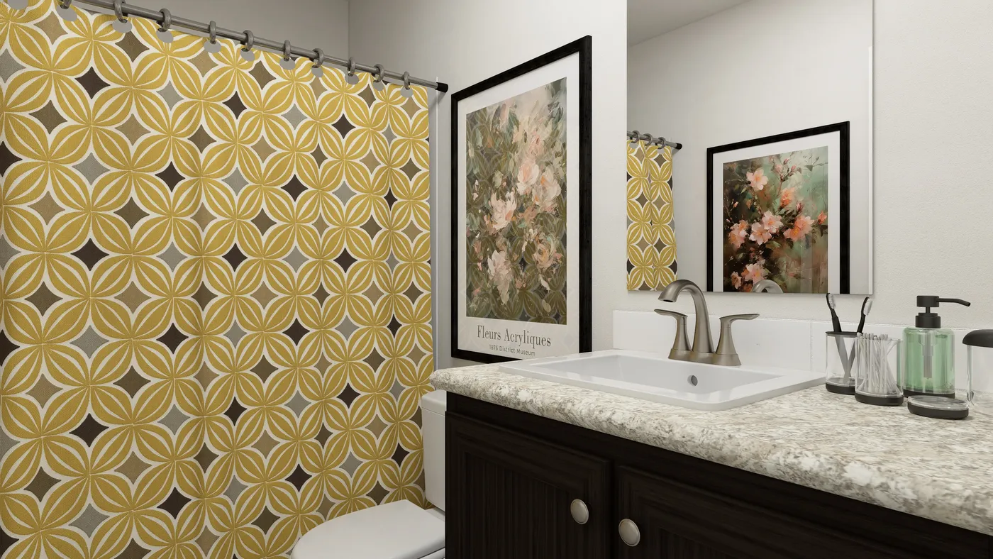 The SLE 561F Guest Bathroom. This Manufactured Mobile Home features 3 bedrooms and 2 baths.