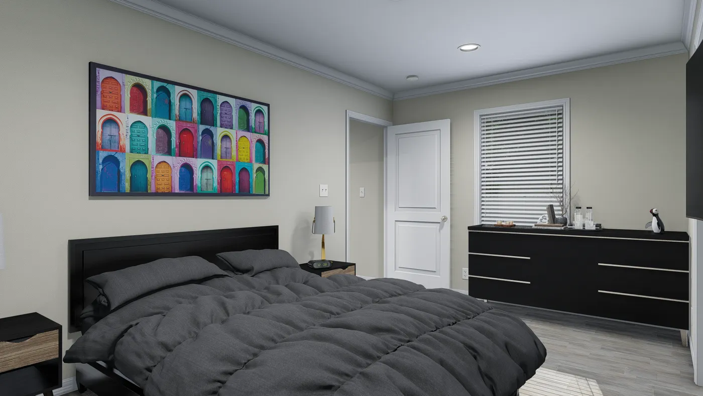 The 5400 "WILDWOOD" 58'4X16 Primary Bedroom. This Manufactured Mobile Home features 2 bedrooms and 2 baths.