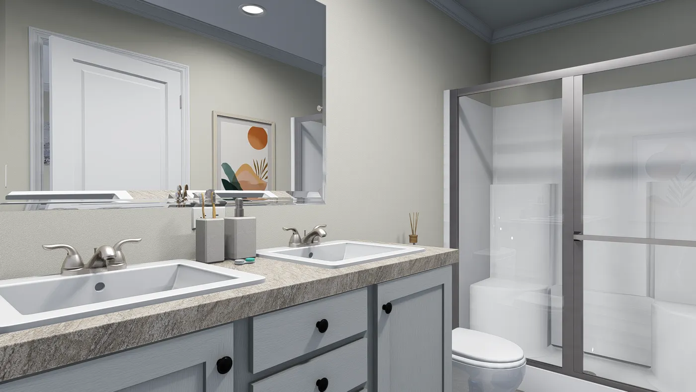 The 4202 "HATTERAS" 6616 Primary Bathroom. This Manufactured Mobile Home features 3 bedrooms and 2 baths.