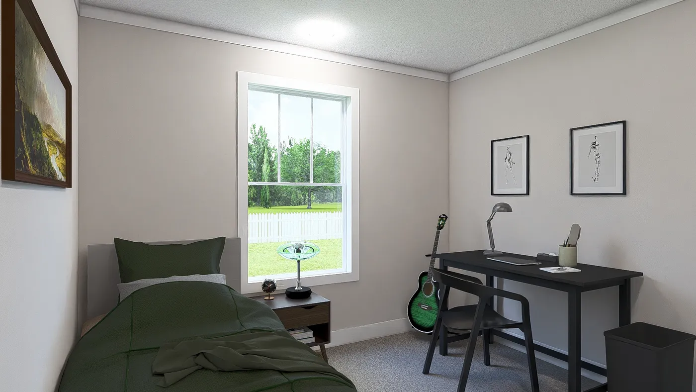 The THREE LITTLE BIRDS Guest Bedroom. This Manufactured Mobile Home features 3 bedrooms and 2 baths.