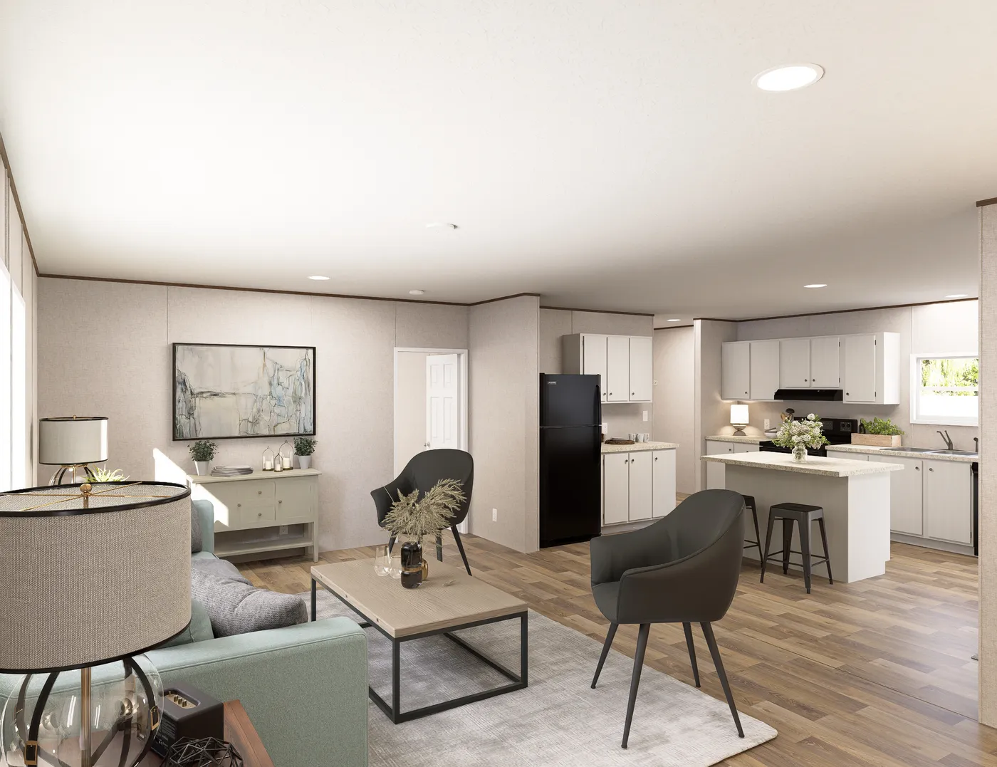 The SYCAMORE Living Room. This Manufactured Mobile Home features 4 bedrooms and 2 baths.
