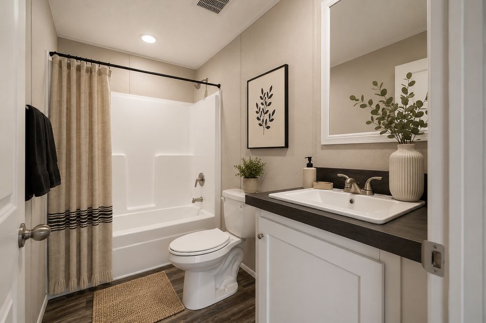 The NORTHSHORE Guest Bathroom. This Manufactured Mobile Home features 3 bedrooms and 2 baths.