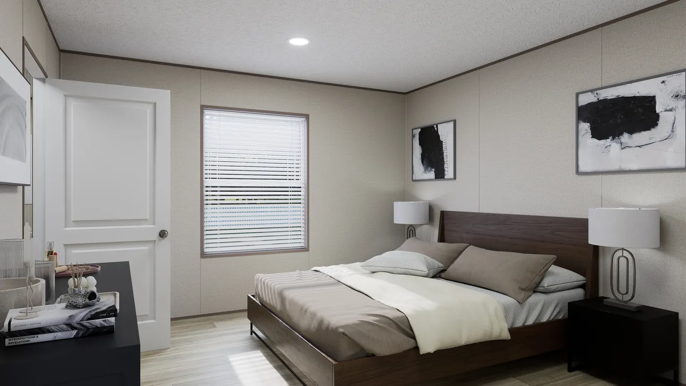 The GLACIER VISTA Primary Bedroom. This Manufactured Mobile Home features 4 bedrooms and 2 baths.