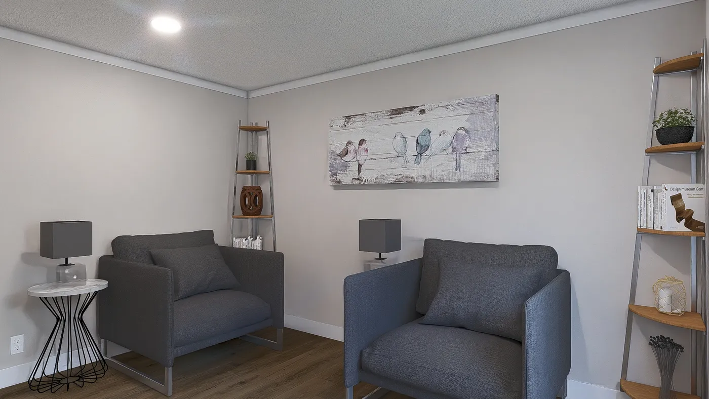 The ROCKET MAN Living Room. This Manufactured Mobile Home features 3 bedrooms and 2 baths.