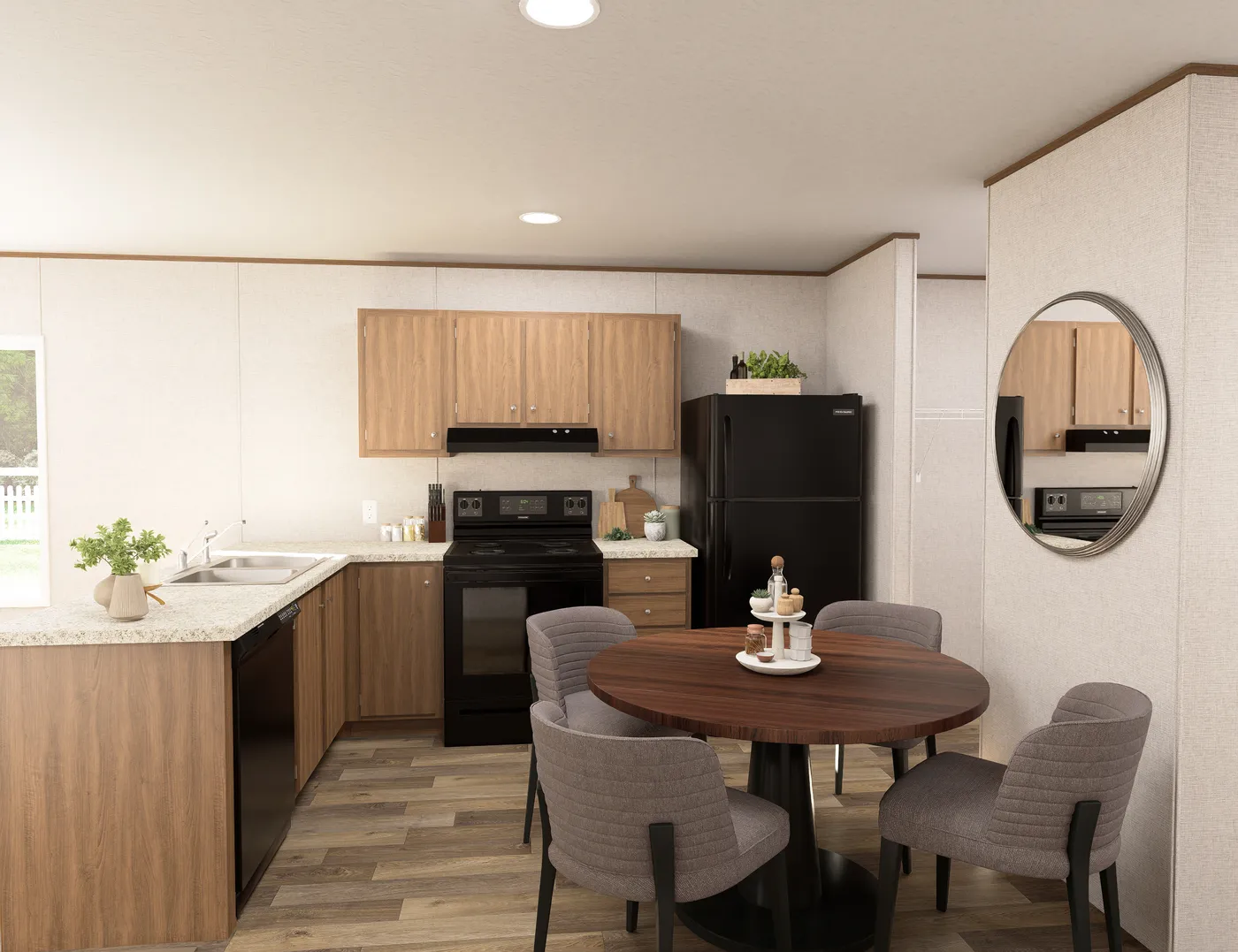 The ELM Kitchen. This Manufactured Mobile Home features 2 bedrooms and 1 bath.