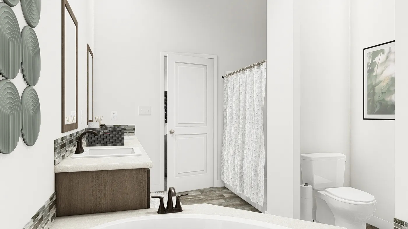 The DRM563F 56'              DREAM Primary Bathroom. This Manufactured Mobile Home features 3 bedrooms and 2 baths.