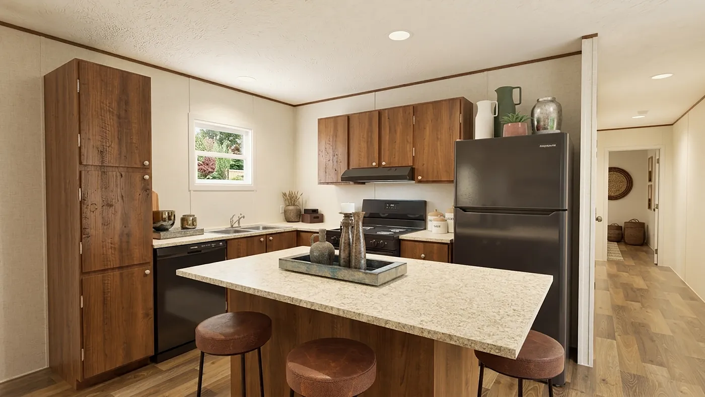The ASPEN Kitchen. This Manufactured Mobile Home features 3 bedrooms and 2 baths.